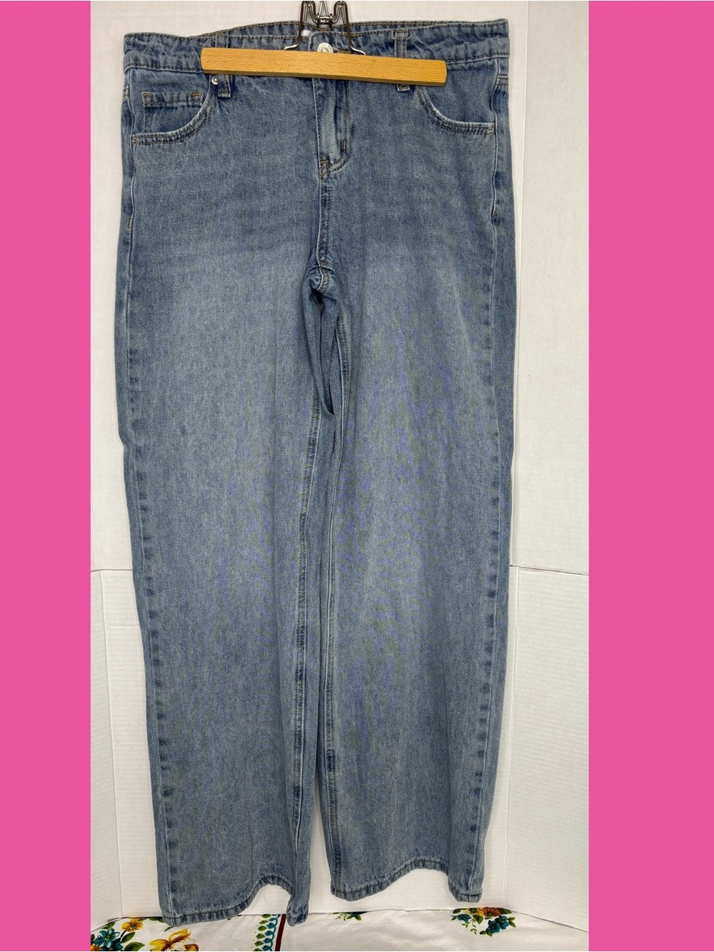 Ashley Mason Women’s 5/27 Wide Leg Light Blue Jeans Embroidered Bow Detail